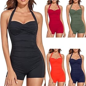 Women's One Piece Swimsuit Slimming Ruched swimming suit with shorts Monokini Halter Tummy Control High Waist Slim Backless Vacation Beach Wear Solid Color Hal