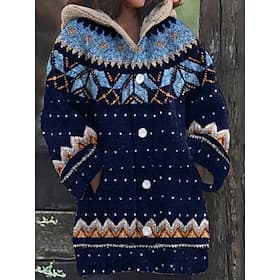 Women's Sweater Cardigan Elegant Fashion Streetwear Graphic Striped Hooded Pocket Knitted Print Long Sleeve Regular Tops Knit Outdoor Daily Weekend Navy Blue B