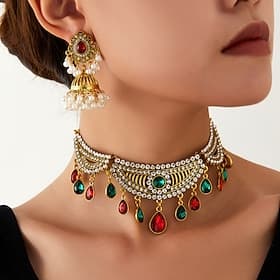 Elegant Gold-Plated Choker Necklace and Earrings Set with Multi-Color Gemstones and Pearls