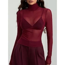 Women's Blouse Patchwork Mesh Solid Color Elegant Stylish Basic Long Sleeve Turtleneck Regular Tops Daily Sage Green Black Wine Navy Blue Brown Summer Spring F