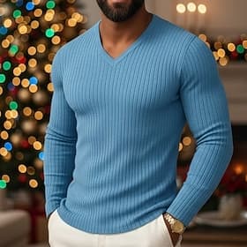 Herren T Shirt Muskelshirt Geripptes Strick-T-Shirt T-Shirt Langarm V Ausschnitt Frühling Herbst Winter Einfach Grubenstreifen Mode Designer Basic Stricken Läs