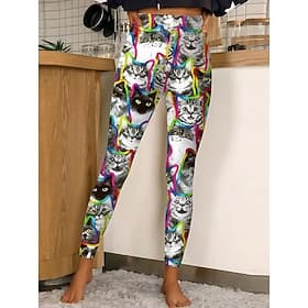 Women's Leggings Cozy Leggings Vacation Casual Full Length High Waist Graphic Cat Printing Comfortable Stretchy Casual Daily Vacation White Spring Fall Slim Fi