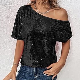 Women's Summer Tops Blouse Dressy Tops Sequin Tops Ruched Sequins Patchwork Solid Color Plain Elegant Vintage Ladies Short Sleeve Off Shoulder Regular Tops Dai