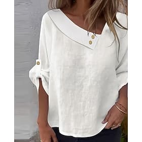 Femmes Chemises en coton et lin Chemisier Faux coton lin Patchwork Boutons Uni Élégant ancien manche longue Asymétrique Hauts Réguliers Quotidien Fête Sortir B