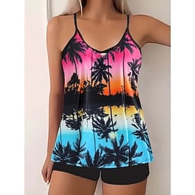Tankini de Mujer de 2 Piezas Traje de Baño Palmera Pantalones Cortos Control de Barriga Cintura Alta Delgado Sin Espalda Ropa de Playa Vacaciones Floral Giraso
