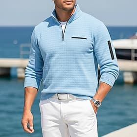 Men's Waffle Polo Shirts Textured Casual Sports  Outdoor Zip Quarter Zip Long Sleeve Fashion Modern Zip Up Pocket Spring Fall Spring   Fall Regular Fit Black W
