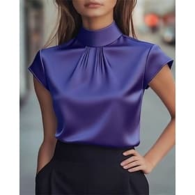 Damen Hemd Elegant Satin-Top Sommeroberteile Gerafft Patchwork Drapiert Einfach Elegant Vintage Damen Kurzarm Hoher Ausschnitt Normale Oberteile Täglich Arbeit