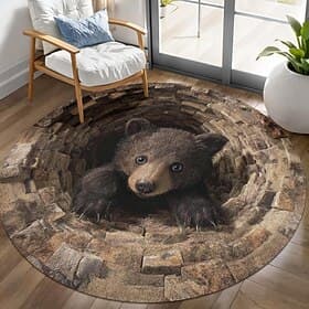 3D Optical Illusion Area Rug Visual Trap Floor Mat Non Slip Bear Cave Design for Entryway Bathroom Bedroom Living Room Indoor Outdoor Diatomaceous Earth Quick