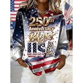 Independence Day American Anniversary Patriotic Women's Shirt Graphic Flag Vintage Stylish Modern Long Sleeve Shirt Collar Regular Tops Daily Holiday Blue Whit
