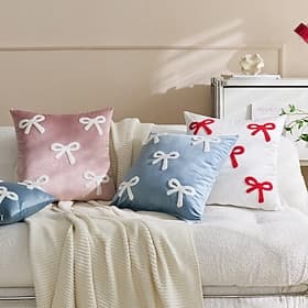 Valentine's Day Velvet Throw Pillow Cover, Cute Bowknot Cushion Case for Sofa, INS Style Decorative Pillowcase, Soft Plush Accent for Living Room and Bedroom D