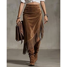 Women's Vintage Fashion Casual Midi High Waist Skirts Plain Tassel Fringe Irregular Hem Micro-elastic Daily Street Brown Spring