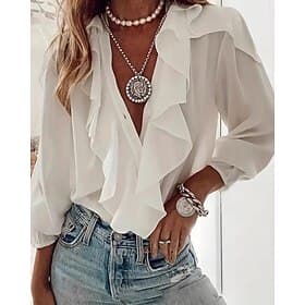 Women's Shirt Blouse Ruffle Plain Elegant Stylish Long Sleeve V Neck Regular Tops Daily Holiday Going out Black White Light Green Green Rose Pink Summer Spring