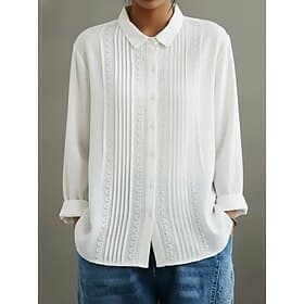 Women's Casual Shirt Button Up Shirt Blouse Ruched Solid Color Elegant Vintage Stylish Long Sleeve Shirt Collar Regular Tops Daily Outdoor Work Blue White Yell