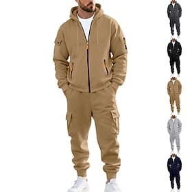 Men's Hoodie Tracksuit Hoodie  Pants Set Hoodie Daily Outdoor Vacation Daily Wear Drawstring Zip Up Plain Black Navy Blue Khaki Activewear Sports Fashion Fall
