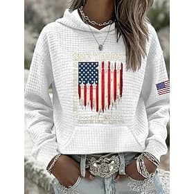 Independence Day Patriotic Women's Pullover Hoodie Sweatshirt Graphic Letter Warm Casual Print Long Sleeve Hooded Regular Tops Casual Street Dailywear Print Bl