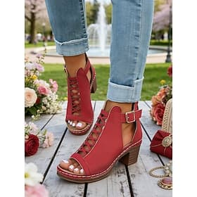 Women's Red Chunky Heel Sandals with Zipper Closure, Hollow-out Design for Garden Parties and Casual Wear