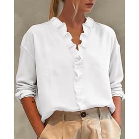 Dames Blouse Geklede topjes Met ruches Ruche Lapwerk Effen Kleur Effen Elegant Vintage Dagelijks Lange mouw V-hals Normale tops Dagelijks Werk Feestdagen blauw