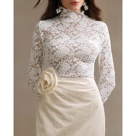 Women's Blouse Lace Tops Lace Plain Stylish Long Sleeve Turtleneck Regular Tops Daily Holiday Going out White Spring Fall