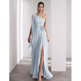 One Shoulder A-Line Chiffon Feather Evening Gown Elegant Dress Formal Floor Length Sleeveless Ruched Shawl