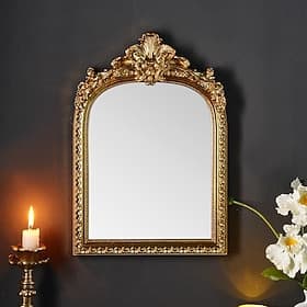 Gold Resin Arch Lace Decorative Wall Mirror, European-Style Home Art Hanging, Perfect for Wall Decor, Vanity Mirror, and Photography Props