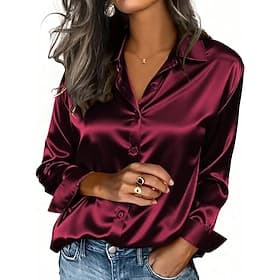 Women's Shirt Elegant Satin Top Blouse Buttons Plain Active Stylish Long Sleeve Shirt Collar Regular Tops Holiday Going out Blue Black Wine Brown Spring Fall