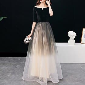 A-Line Evening Gown Elegant Dress Wedding Guest Prom Floor Length Half Sleeve Jewel Neck Tulle with Sleek