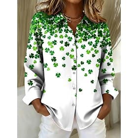 St. Patrick's Day Women's Blouse Buttons Print Graphic Shamrock Vintage Stylish Casual Long Sleeve Shirt Collar Regular Tops Daily Work Black White Light Green