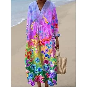Femmes Robe maxi Robe fourreau Occasionnel Quotidien Sortir Coupe Ample Fleuri Graphique manche longue Col en V Jaune Violet Claire Été Printemps