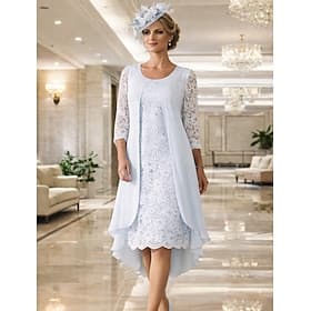 A-Line Knee Length Wedding Guest Dress Mother of the Bride Dress Long Sleeve Jewel Neck Elegant Plus Size Wedding Guest Chiffon Lace with Lace