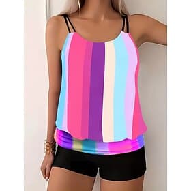 Women's Tankini 2 Piece Swimsuit Colorblock Boy Leg Tummy Control High Waist Slim Backless Vacation Beach Wear Stripe Scoop Neck Sleeveless Bathing Suits