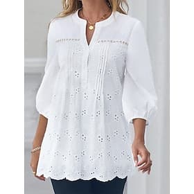 Women's Popover Shirt Casual Shirt Blouse Eyelet Solid Color Elegant Daily Stylish 3/4 Length Sleeve V Neck Regular Tops Daily Beach Holiday White Summer Sprin