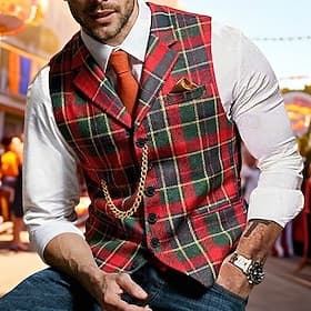 Men's Vest Waistcoat Gilet Vacation Carnival Party Fashion Casual Spring Fall Pocket Buttons Polyester Comfortable Plaid Single Breasted One-button Lapel Regul