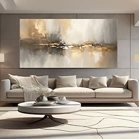 Hand Painted Golden Abstract Lake Painting On Canvas Modern Metallic Landscape Textured Wall Art Neutral Gray Beige Living Room Wall Art Luxury Decor