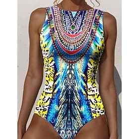 Women's One Piece Swimsuit Slimming Boho Monokini Briefs Tummy Control High Waist Slim Backless Vacation Beach Wear Graphic Round Neck Sleeveless Bathing Suits