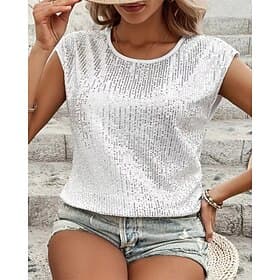 Damen T Shirt Sommeroberteile Pailletten Patchwork Einfarbig Elegant Stilvoll Klassisch Ärmellos Rundhalsausschnitt Normale Oberteile Täglich Ausgehen Wochenen