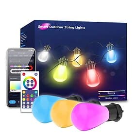 Smart Outdoor String Lights, RGB Outdoor Lights with Dimmable LED Bulbs, IP65 Waterproof, Color Changing Warm White Lights with Scenes Modes for Patio, Backyar