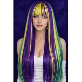Carnival Wig Rainbow Straight Long Synthetic Festival Wig Mardi Gras Parade Cosplay Costume Hair for Women