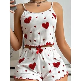 Women's Pajama Set Casual Comfort Heart Elastic Waist Shorts Daily Home Sleeveless Crew Neck Blue Black Pink Red Summer Spring Regular Fit