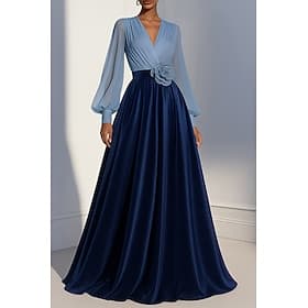 A-Line Floor Length Evening Gown Ball Gown Formal Dress Elegant Color Block Silky Long Sleeve V Neck Wedding Formal Pocket Chiffon Satin with Embroidered Flowe