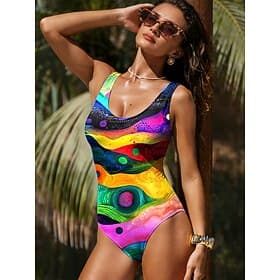 Women's One Piece Swimsuit Slimming Monokini High Cut Tummy Control High Waist Slim Backless Vacation Vintage Graphic Geometric U Neck Sleeveless Bathing Suits