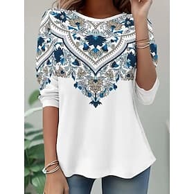 Women's T Shirt Print Graphic Paisley Vintage Stylish Casual Long Sleeve Crew Neck Regular Tops Daily Weekend Black White Fall Winter
