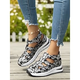 sandali sportivi da donna con fiori bianchi e neri – scarpe da passeggio chiuse con punta scavata e suola a zeppa per viaggi estivi e attività all'aperto