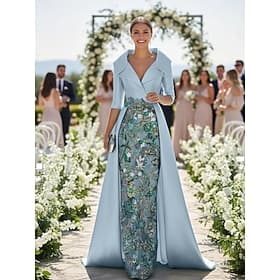 Ligne A Fourreau Colonne Longueur au sol Broderie perlée Robe d'invité de mariage Robe de Cérémonie Robe de Mère de Mariée  Manche 3/4 Col en V Col de chemise