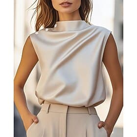 Women's Shirt Elegant Satin Top Summer Tops Ruched Patchwork Draped Solid Color Plain Elegant Vintage Ladies Sleeveless High Neck Regular Tops Daily Work Holid