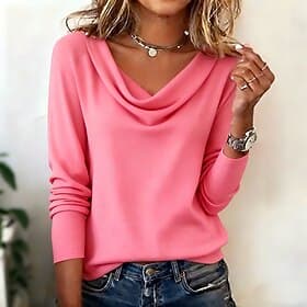 Women's Blouse Patchwork Solid Color Fashion Casual Long Sleeve Cowl Neck Regular Tops Daily Going out Weekend Blue Pink Orange Khaki Rose Pink Summer Spring F