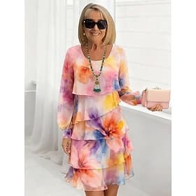 Women's Mini Dress Shift Dress Casual Dress Chiffon Dress Elegant Fashion Modern Daily Outdoor Weekend Regular Fit Floral Long Sleeve Crew Neck Pink Summer Spr