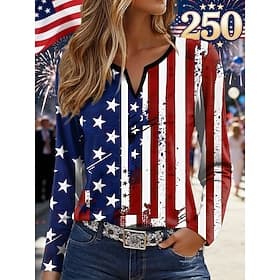 Independence Day American Anniversary Patriotic Women's T Shirt Graphic Flag Vintage Stylish Modern Long Sleeve Notched Neck Regular Tops Daily Weekend Print B