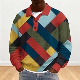Herren Farbblock Geometrisch Waffel-Poloshirts Langarm Polo-Shirts Revers Sportbekleidung Lässig Schule Athleisure Alltagskleidung 3D-Druck Frühling Herbst Win