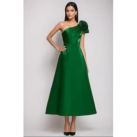 A-Line Tea Length Cocktail Dresses Elegant Silky Semi Formal Sleeveless One Shoulder Garden Party Wedding Satin with Shouder Flower