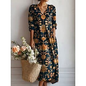 Abito maxi da donna di Pasqua in lino simile traspirante leggero abito estivo A-line vacanza casual boho festa vestibilità regolare floreale color block manica